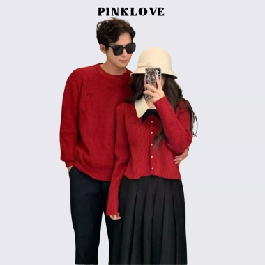 Áo đôi PINKLOVE len cặp đôi dài tay màu đỏ, áo nữ cổ trắng kèm nơ P244