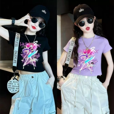 Áo Gái Thun Cotton Hình Hoạt Hình Ngắn Tay Cổ Tròn KPop Mùa Hè Giá 143.332 VND