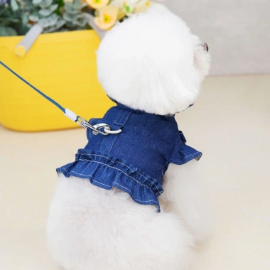 Áo gi-lê jeans váy công chúa cho mèo, vòng móc dây dắt dễ thương cho chó Teddy Poodle