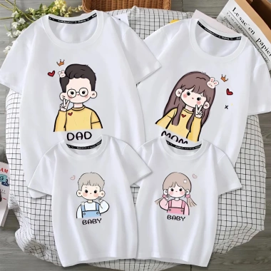 Áo gia đình 3-5 người màu xanh thun cotton dày dặn, họa tiết chipi dễ thương, mặc mát mẻ - chỉ 75.000₫