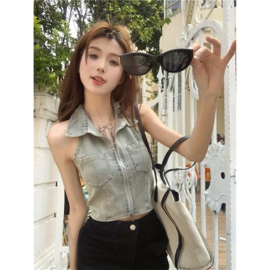 Áo gile bò nữ cổ polo ba lỗ kéo khóa - Siêu xinh, chỉ 230.000 VND