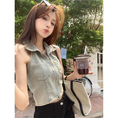 Áo gile bò nữ cổ polo ba lỗ kéo khóa - Siêu xinh, chỉ 230.000 VND