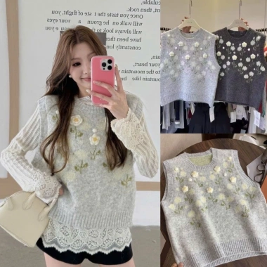 Áo Gile Len Họa Tiết Hoa Nổi - Phong Cách Thu Đông Kunkun SP395 Giá 169k