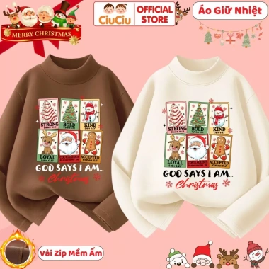 Áo giữ nhiệt Noel Giáng Sinh cho bé trai gái CIUCIU KID vải zip lông mềm co dãn