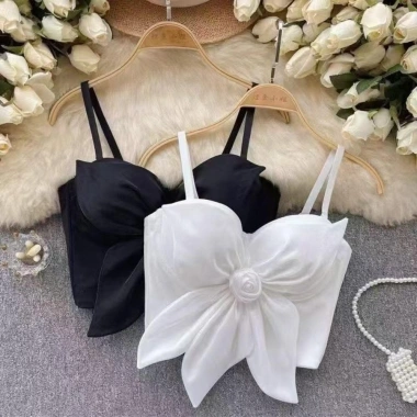 Áo hai dây NLINNI hoa hồng 3D Slim Fit corset crop top không tay đen - Giá 187.920đ