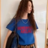 Áo Hàn Quốc Retro Chữ Xanh Ngắn Tay Dệt Kim Nữ Cổ Tròn - Giá Giảm 20%