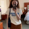 Áo Hàn Quốc Retro Chữ Xanh Ngắn Tay Dệt Kim Nữ Cổ Tròn - Giá Giảm 20% 4