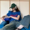 Áo Hàn Quốc Retro Chữ Xanh Ngắn Tay Dệt Kim Nữ Cổ Tròn - Giá Giảm 20% 6