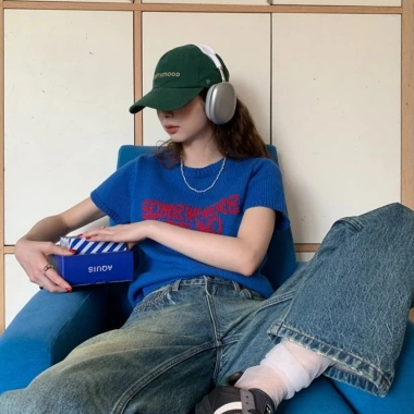 Áo Hàn Quốc Retro Chữ Xanh Ngắn Tay Dệt Kim Nữ Cổ Tròn - Giá Giảm 20% 6