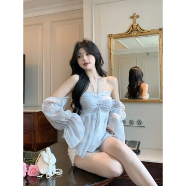 Áo hoa voan hở vai dài dây buộc cổ, ngọt ngào bánh bèo - 250k giảm từ 310k 5