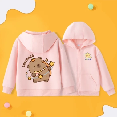 Áo Hoodie bé gái dễ thương dây kéo trẻ em, túi và in hình capybara, giá 249.999₫ 2