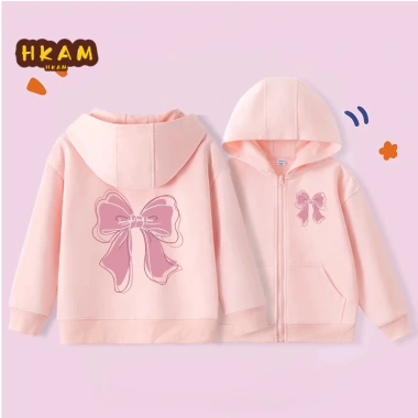 Áo Hoodie bé gái trẻ em dây kéo, thiết kế đơn giản thời trang, túi in nơ - 250k
