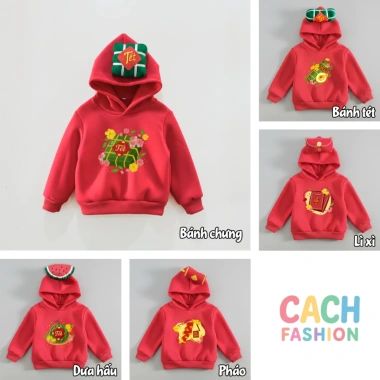 Áo hoodie bé mũ bánh chưng bánh tét pháo dưa hấu lì xì Đón Tết 2.026 cho 1‑9 tuổi