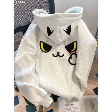 Áo Hoodie Nữ Xám Nhạt Tai Mèo và Hình Mèo Cartoon Dễ Thương - Trendy RTOML