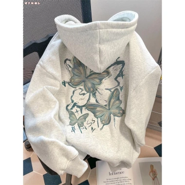 Áo Hoodie Unisex Xám Mềm Mại In Hình Bướm Trendy Thời Trang Streetwear - 99k