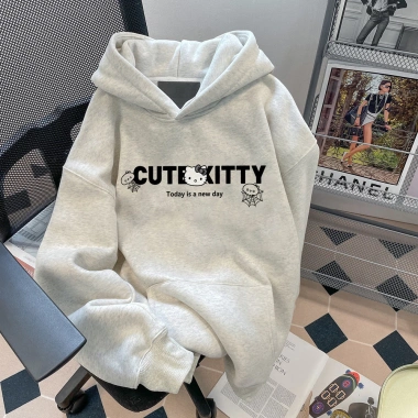 Áo Hoodie Xám Mềm Mại In Mèo Con Hoạt Hình Trendy Hai Phòng RTOML 99k