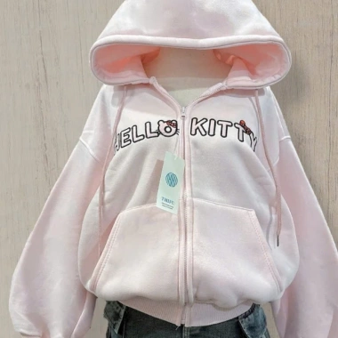 Áo hoodie zip form rộng thêu chữ Hello Kitty dễ thương, giá chỉ 174.600₫