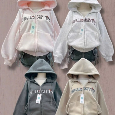 Áo hoodie zip form rộng thêu chữ Hello Kitty dễ thương, giá chỉ 174.600₫