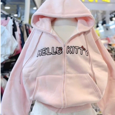 Áo hoodie zip form rộng thêu chữ Hello Kitty dễ thương, giá chỉ 174.600₫