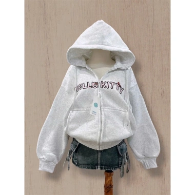 Áo hoodie zip form rộng thêu chữ Hello Kitty dễ thương, giá chỉ 174.600₫