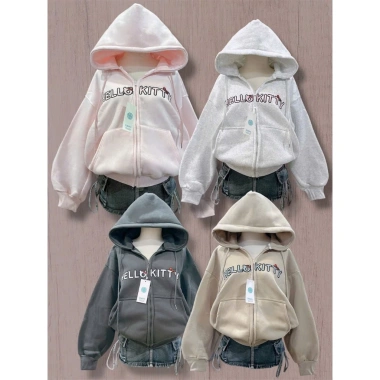 Áo hoodie zip form rộng thêu chữ Hello Kitty dễ thương, giá chỉ 174.600₫