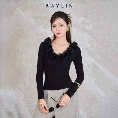 Áo KAYLIN cổ phối hoa dài tay, thun lụa cotton 2 lớp co giãn, phong cách cá tính - BST Tháng 12.2.025 A120T12 giá 420.000
