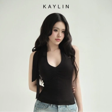 Áo KAYLIN cổ yếm cột nơ ôm form thun lụa cá tính - BST Hè 2.025, giảm còn 338k