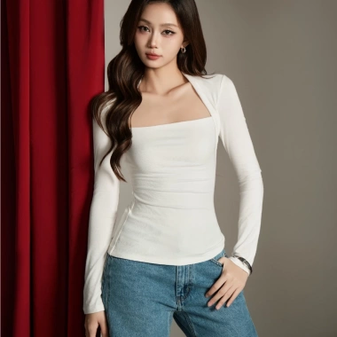 Áo Kaylin Fit Square Top cổ vuông tay dài vải thun, giảm giá Tết Collection 380k