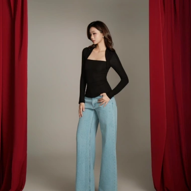 Áo Kaylin Fit Square Top cổ vuông tay dài vải thun, giảm giá Tết Collection 380k