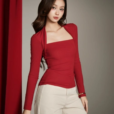 Áo Kaylin Fit Square Top cổ vuông tay dài vải thun, giảm giá Tết Collection 380k