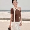 Áo Kaylin lệch vai ôm nơ dài, thun cotton co giãn, cá tính BST Tháng 3 A149T3 350k 2