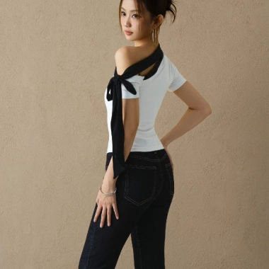 Áo Kaylin lệch vai ôm nơ dài, thun cotton co giãn, cá tính BST Tháng 3 A149T3 350k 4