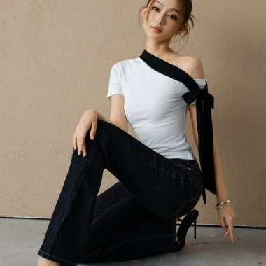 Áo Kaylin lệch vai ôm nơ dài, thun cotton co giãn, cá tính BST Tháng 3 A149T3 350k 5