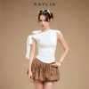 Áo KAYLIN lệch vai thắt nơ, vải thun ren thêu nổi – Cá tính, BST Thu 2.025, chỉ 310k