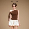 Áo KAYLIN lệch vai thắt nơ, vải thun ren thêu nổi – Cá tính, BST Thu 2.025, chỉ 310k 2