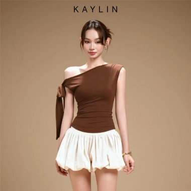 Áo KAYLIN lệch vai thắt nơ, vải thun ren thêu nổi – Cá tính, BST Thu 2.025, chỉ 310k