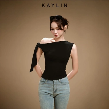 Áo KAYLIN lệch vai thắt nơ, vải thun ren thêu nổi – Cá tính, BST Thu 2.025, chỉ 310k