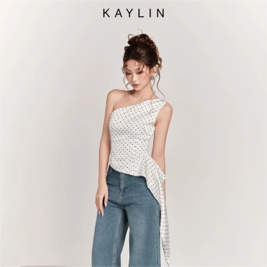 Áo Kaylin lệch vai vạt chéo tua rua Riva lụa chấm bi - Cá tính BST Hè 2.025, 410.000₫