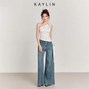 Áo Kaylin lệch vai vạt chéo tua rua Riva lụa chấm bi - Cá tính BST Hè 2.025, 410.000₫