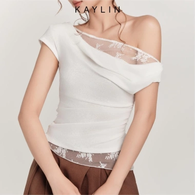Áo KAYLIN NOIR Drape trễ vai viền ren, thun poly dẻo, BST Hè 2.025 - Giá chỉ 330.000đ