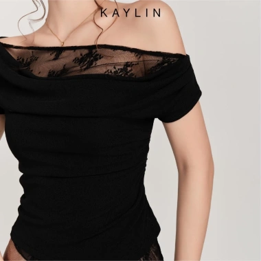 Áo KAYLIN NOIR Drape trễ vai viền ren, thun poly dẻo, BST Hè 2.025 - Giá chỉ 330.000đ