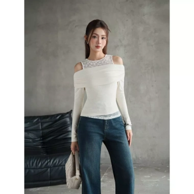 Áo KAYLIN ren và thun tay dài trễ vai, form ôm co giãn, cá tính - BST 11/2.025 A105T11 422k