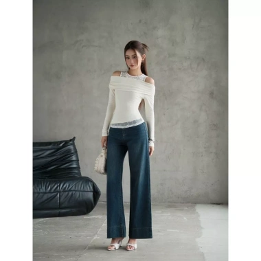 Áo KAYLIN ren và thun tay dài trễ vai, form ôm co giãn, cá tính - BST 11/2.025 A105T11 422k