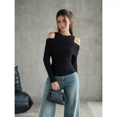 Áo KAYLIN ren và thun tay dài trễ vai, form ôm co giãn, cá tính - BST 11/2.025 A105T11 422k