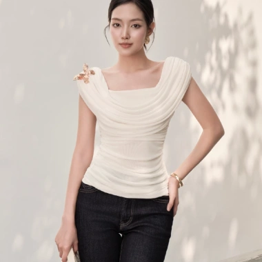 Áo KAYLIN Soft Drape cổ đổ xếp ly, ghim bướm, vải lưới mếm BST Tháng 3 - 420k