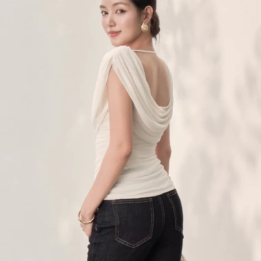 Áo KAYLIN Soft Drape cổ đổ xếp ly, ghim bướm, vải lưới mếm BST Tháng 3 - 420k