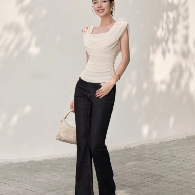 Áo KAYLIN Soft Drape cổ đổ xếp ly, ghim bướm, vải lưới mếm BST Tháng 3 - 420k