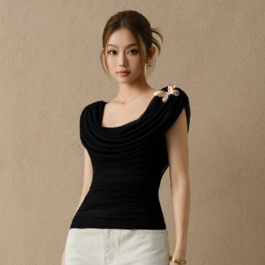 Áo KAYLIN Soft Drape cổ đổ xếp ly, ghim bướm, vải lưới mếm BST Tháng 3 - 420k