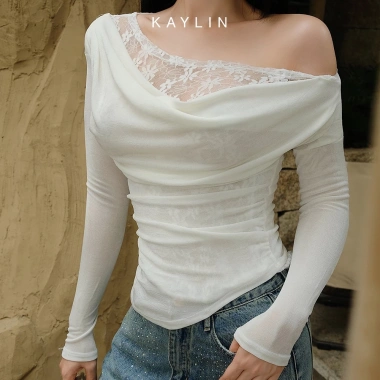 Áo Kaylin tay dài lệch vai ren, lụa thun mỏng nhẹ, gợi cảm - Chỉ 320k