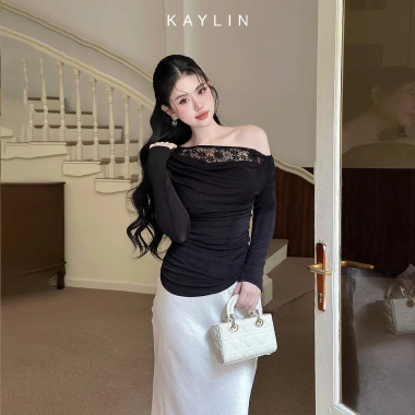 Áo Kaylin tay dài lệch vai ren, lụa thun mỏng nhẹ, gợi cảm - Chỉ 320k
